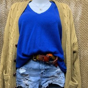 Express Royal Blue V-Neck Merino Wool Sweater